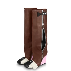 2021 Winter Genuine Leather Knee-High 8cm Wedge Heel Square Toe Motorcycle Boots Casual Personality European American Style