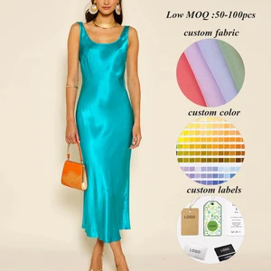 Suppliers Custom Ladies Party Elegant Long Dresses Women Solid Color Sexy Backless Plain Maxi Sleeveless Satin Dress
