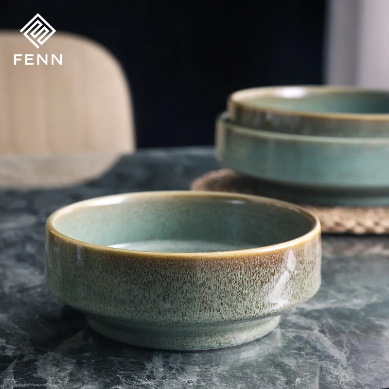 10 inch unique reactive glaze green color bowls with anti hot foot custom color or mold acceptable-60