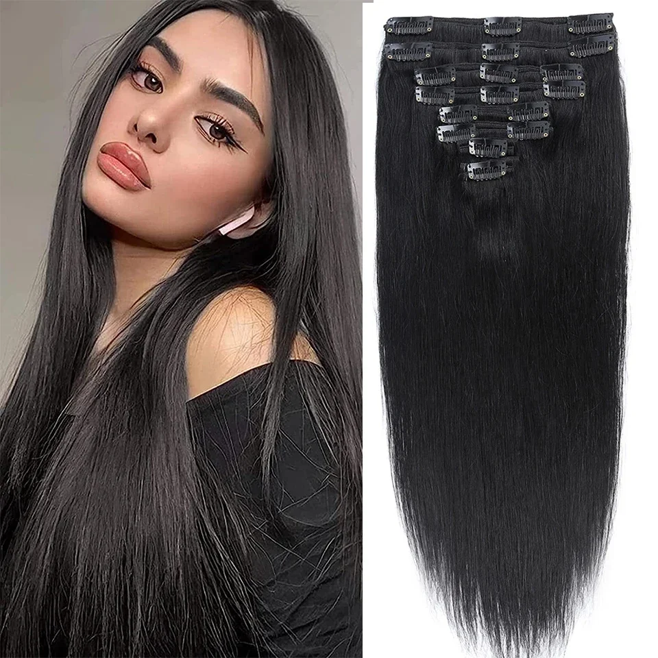 Brasilianische Remy-Echthaar-Extensions, voller Kopf, 8 Stück, weicher Clip in natürlicher Farbe_voghion.com