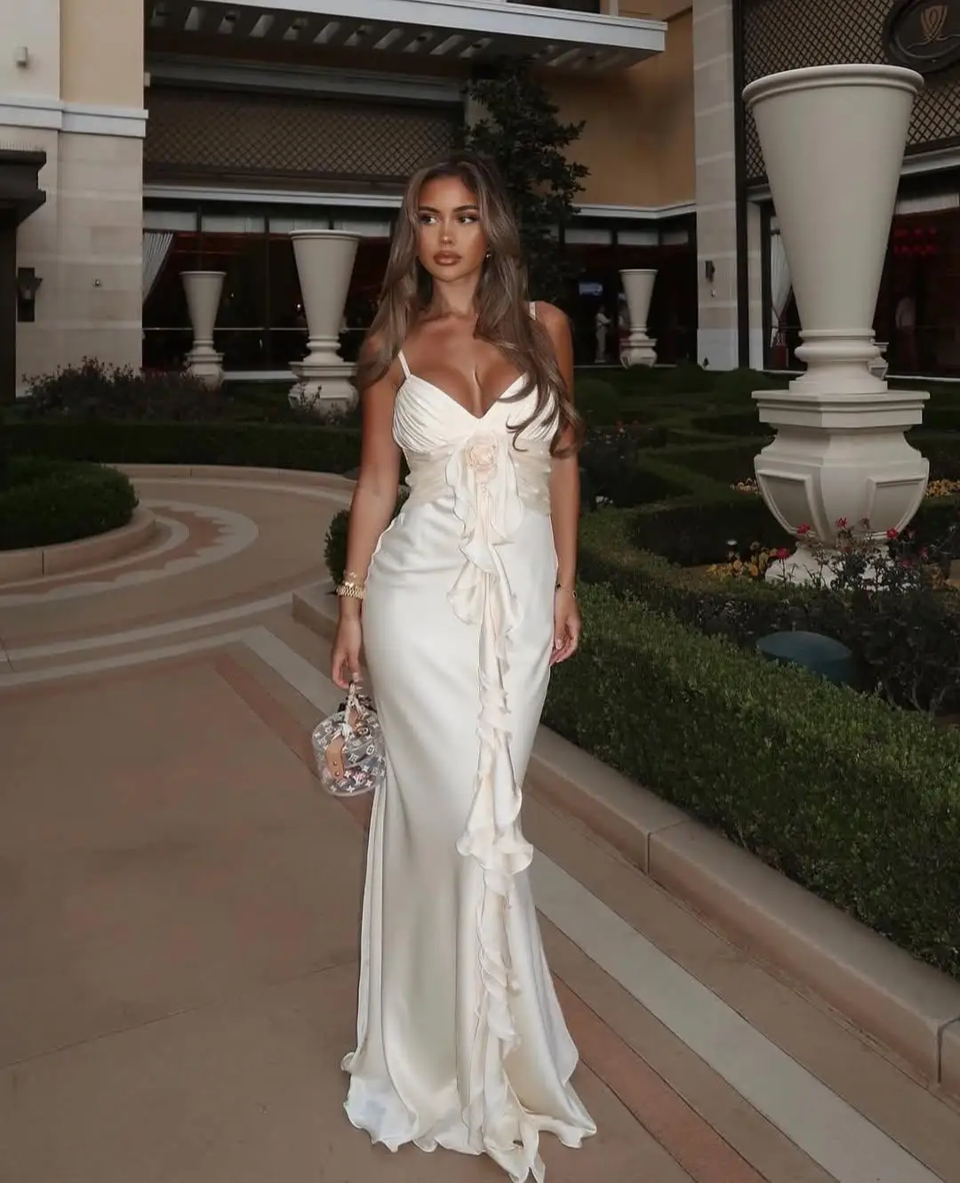 Women Sexy Elegant White Sleeveless V Neck Flowers Flounce Maxi Dress  Bodycon Wedding Guest Cocktail Party Ball Gown Dresses