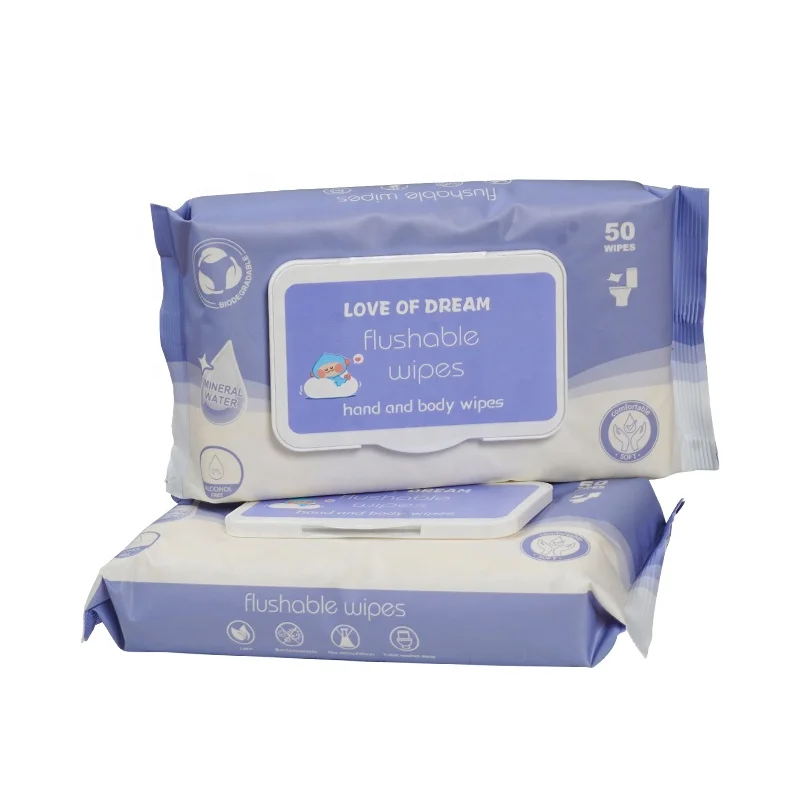 WW5550 Custom Logo 55g Biodegradable Non Woven Single Pack Wet Wipes Hand Body Flushable for Baby Adults 50Pcs Cleansing Wipes