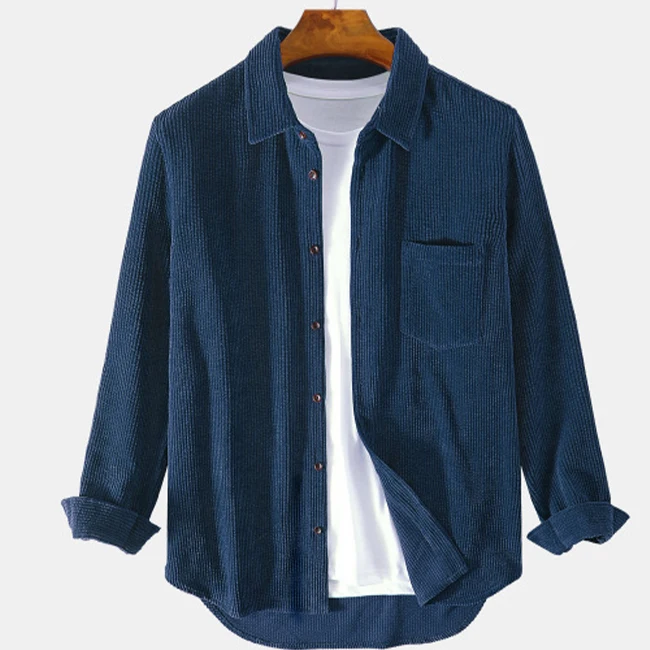 Oem Custom logo Print Turn Down Collar Brown Long Sleeve Fashion Loose Mens Corduroy Solid Color Shirt
