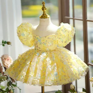 Summer Kids Puff Sleeves Children's Evening Dresses Fluffy Big Bow Sequin Embroidered Princess Dress for Girl