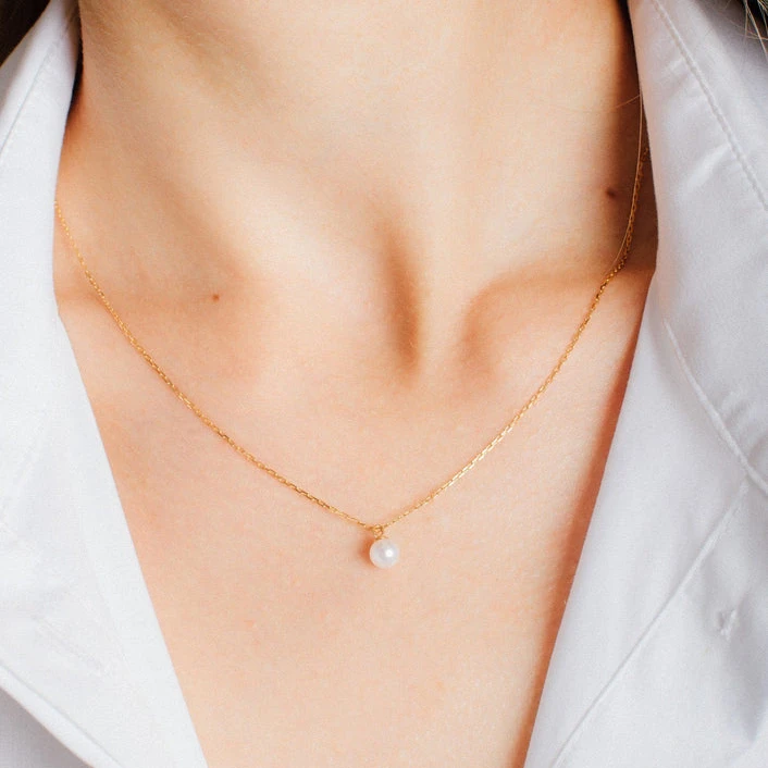 Diy Dainty Multi 18K Real Solid Yellow Gold   Pearl Bead Tiny Choker Chain Freshwater Pendant Natural  Pearl Necklace for Women