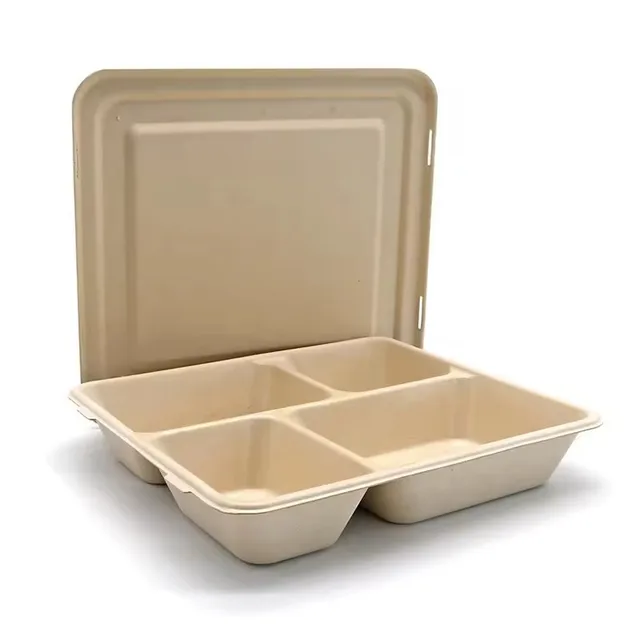 4 compartments takeaway food tray bagasse container with lid bamboo take out to go catering lunch box