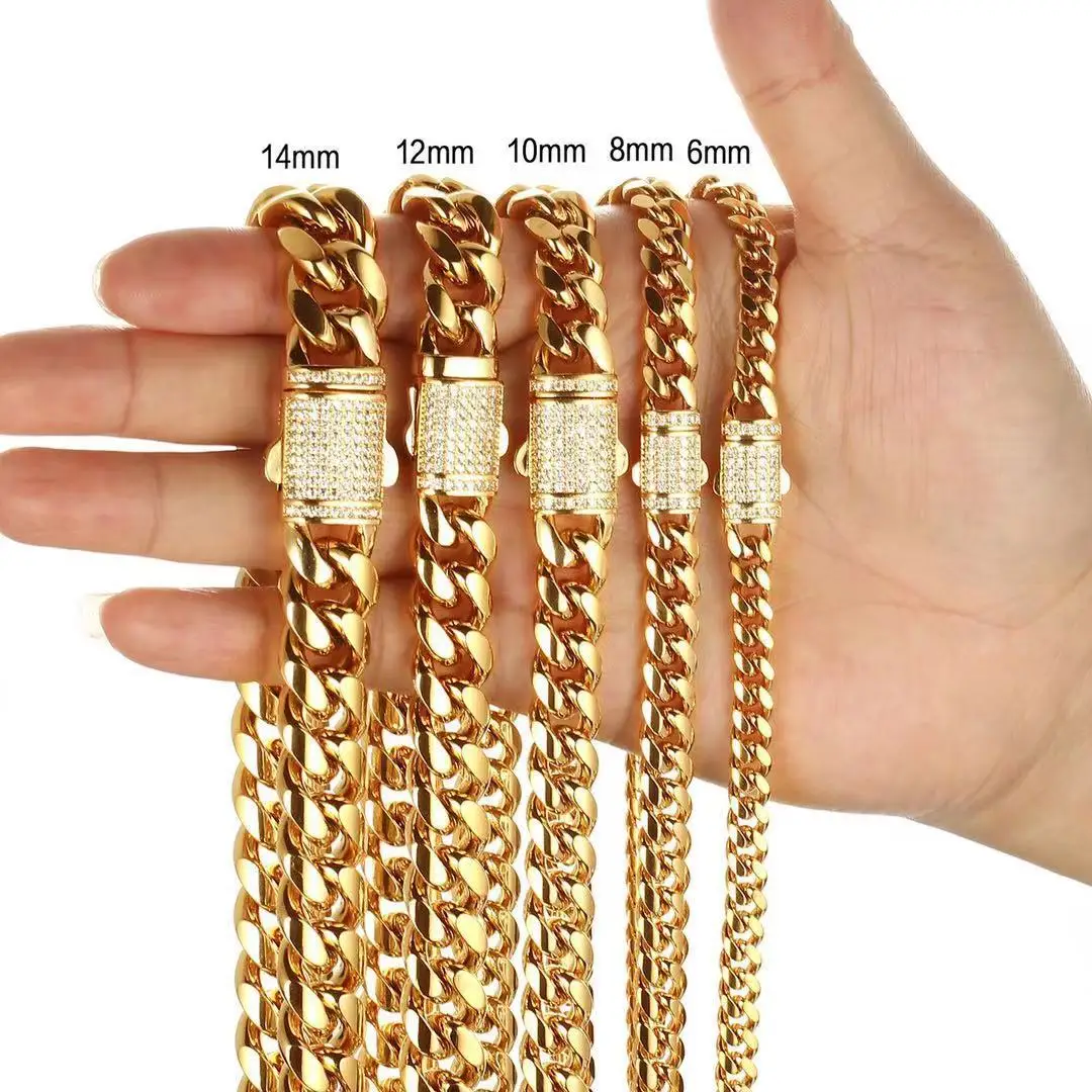 6-14mm Width 18k Gold Plated Stainless Steel Iced Out Zircon Buckle Cuban  Chain Necklace Miami Cuban Link Chain Necklaces - Buy Wholesale Mens  Titanium Stainless Steel Cuban Link Necklace Hip Hop 18k