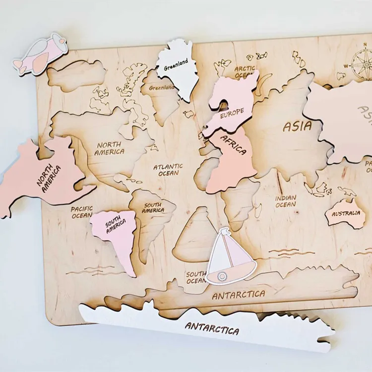 Wooden World Map Puzzle Colour Printing Montessori Puzzle Map for Child