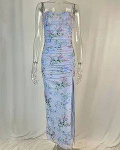 Floral Print Mesh Maxi Dress With Fish Bone Back Zipper Women Gown Sleeveless Backless Split Club Party Long Dress