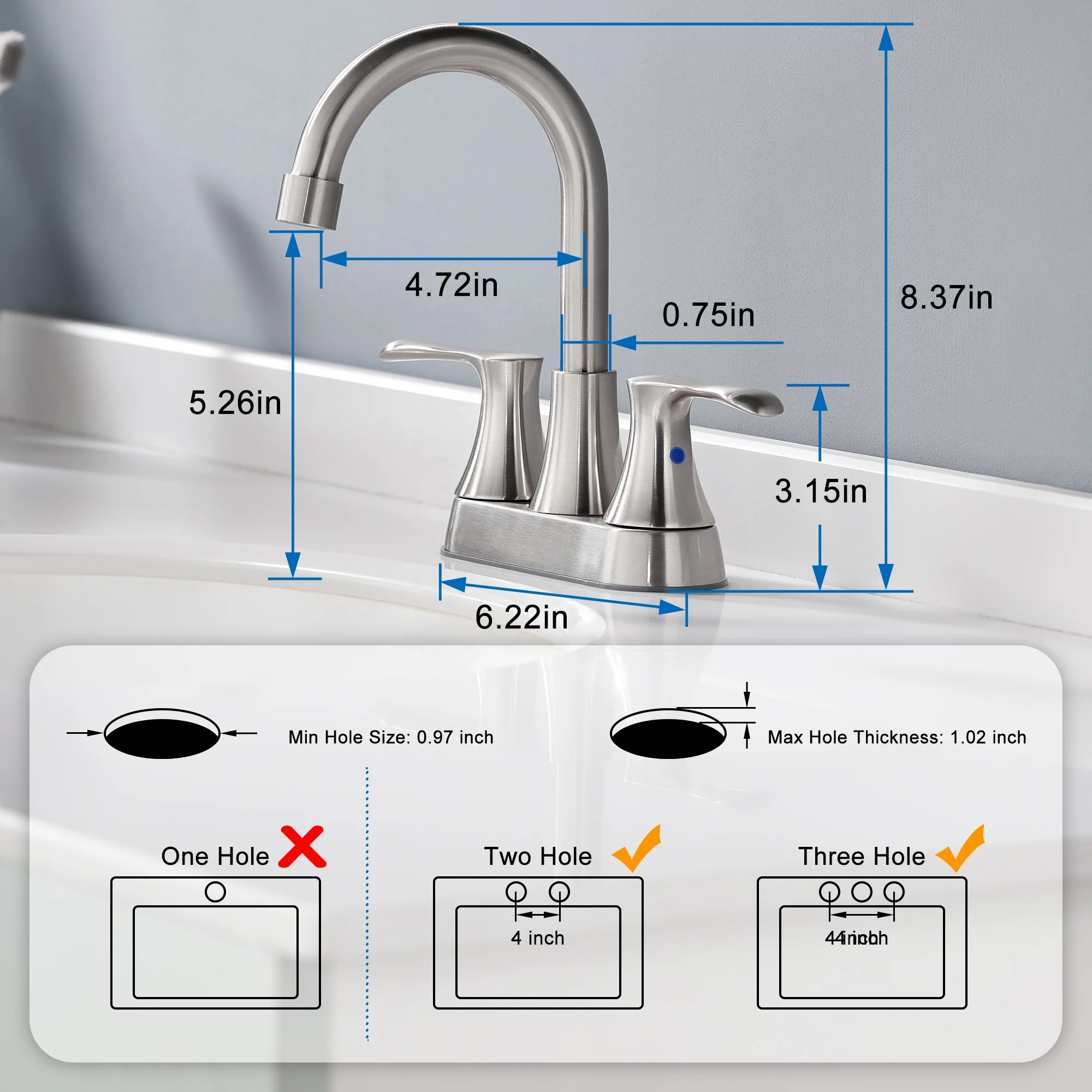 Brushed Nickel 4 Inch Centerset Modern Bathroom Faucet Dual Lever Handle High Arc Basin Mixer Tap OEM Logo Living Room