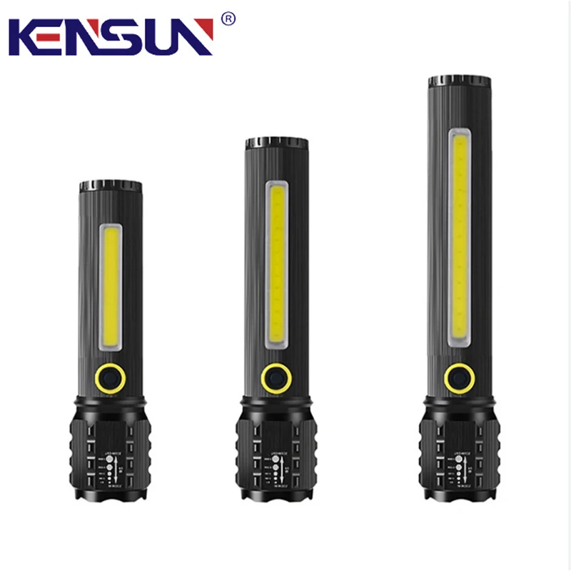 Kensun Xhp50/XPE Simple 3 Modes Cob Side Light Waterproof Rechargeable Usb Led Tactical Torch Light Lantern Outdoor Flashlights