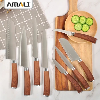 Steel 6pcs chef knife set with colored handle wood grain painting handle  household items stainless steel knife
