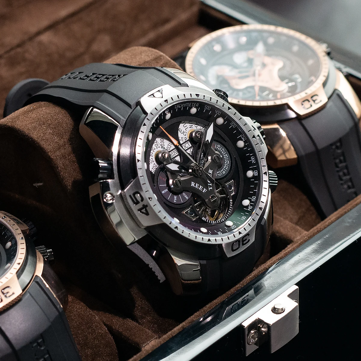 Reef Tiger Luxury Sport Watch for Men - Rose Gold, Blue Rubber 