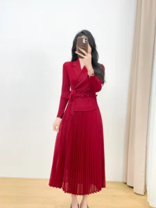 Women's 2-In-1 Blazer Dress - Ruffled Belt Pleated Midi Skirt Design Elegant Office Formal Workwear Dress