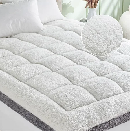 Premium Home Winter Super Warm Thick Outer Sherpa Fabric Down Alternative Filling Medium Firm Soft Fitted Mattress Topper