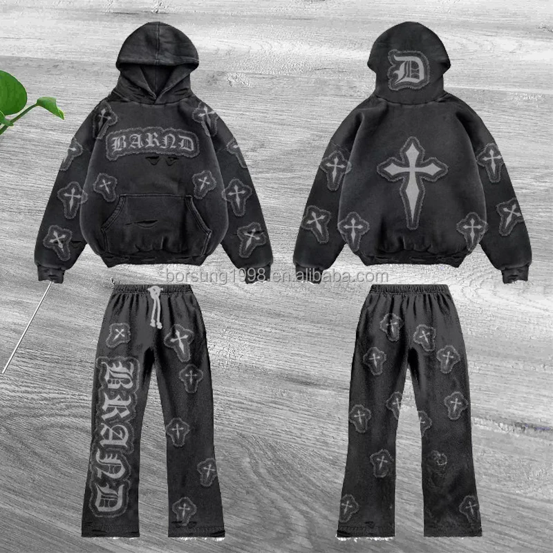 Custom Logo Acid Wash Crewneck Cotton Sweat Suit Sportswear Men Blank 2 ...