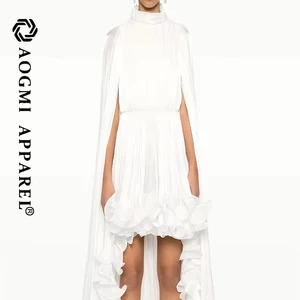 Haute Couture Luxury Women's Satin A-Line Midi Cape Hem Three-Dimensional Ruffled Pleated Waist Dress