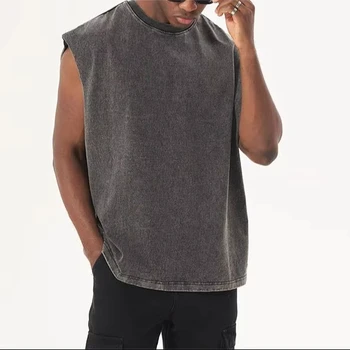 Summer New Heavy Sleeveless T-shirt Distressed Batik Loose Raw Edge Retro Washed Vest For Men