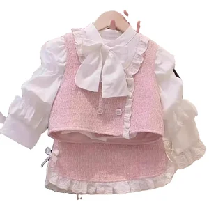 2026 Spring Autumn Children Girls Boutique Clothes Solid Color Long Sleeve White Shirt Lace Vest Skirt 3Pcs Kids Set Clothing