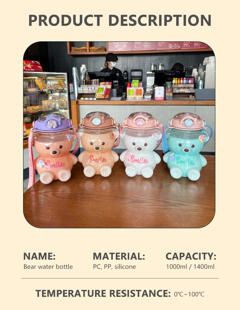 1L Kawaii Bear Water Bottle for Girls Cute Cup With Kawaii Sticker ...