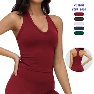 Womens Deep V Neck Racer Back Gym Tank Top Stretchy Quick Dry Super Soft Compression Fitness Apparel With Front Logo