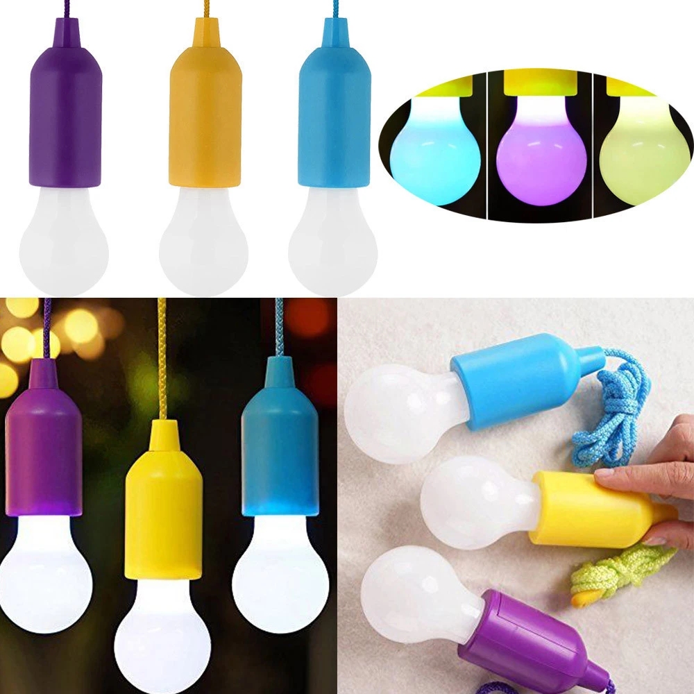 Colorful LED Hanging Lamp Bulb Portable Drawstring Retro Lighting Home Tent Camping Light Pull Cord Led Bulb Battery Powered