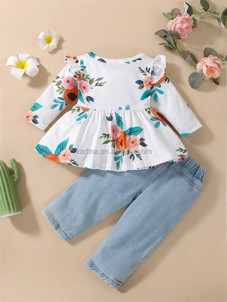 Baby Girl Outfit Set Long Sleeve Floral Dress Top + Denim Pants White