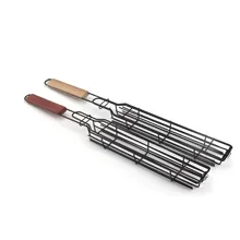 Multi-functional Outdoor Rotisserie Stainless Steel Grill Net Clip Tool Hot dog Corn Charcoal Grill Wooden Handle BBQ Grill