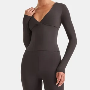 High Quality New Activewear Sports Outfit Long Sleeve Yoga Top Sexy V-neck Women Loungewear 1pc Brown Gym Fitness Yoga Shirt