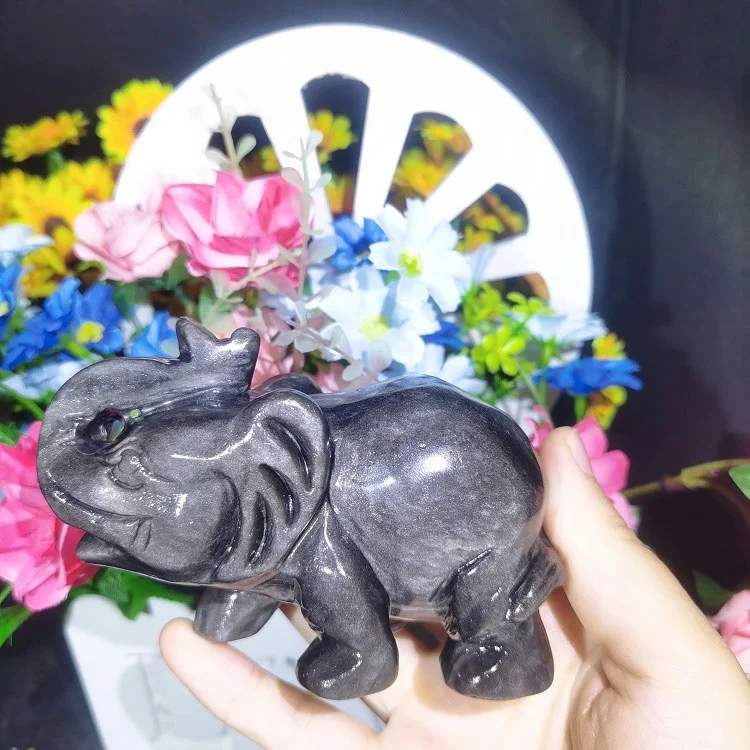 銀色の黒曜石の象の装飾品風水装飾のためのクリスタル彫刻工芸品