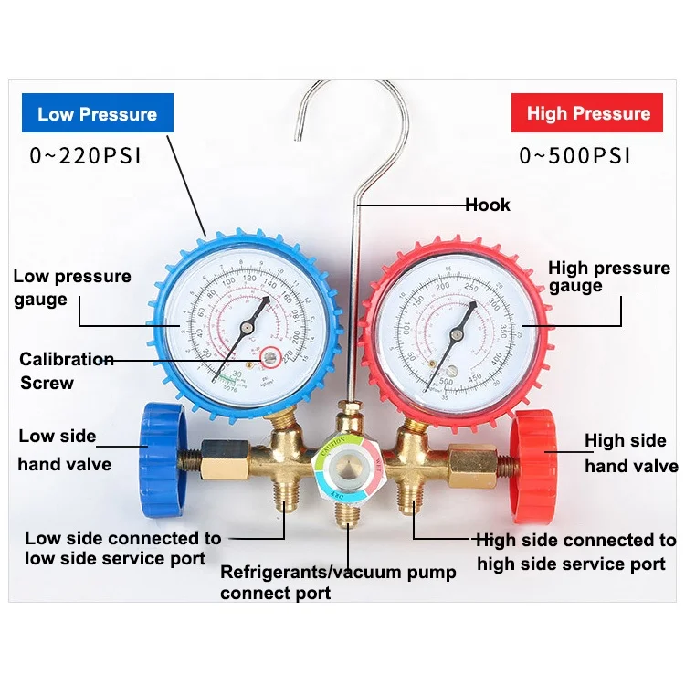 R32 R12 R22 R134A R502 Refrigeration 3-Way HVAC AC Diagnostic Manifold Pressure Gauge Set for Car Air Conditioning Conditioner