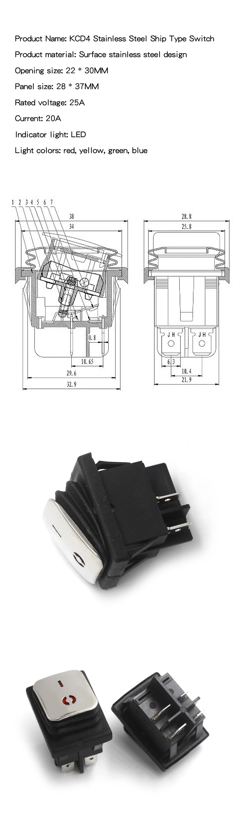 Kcd4 20a 250vac 24v-220v 4pin On Off Led Light Waterproof Rocker Switch ...