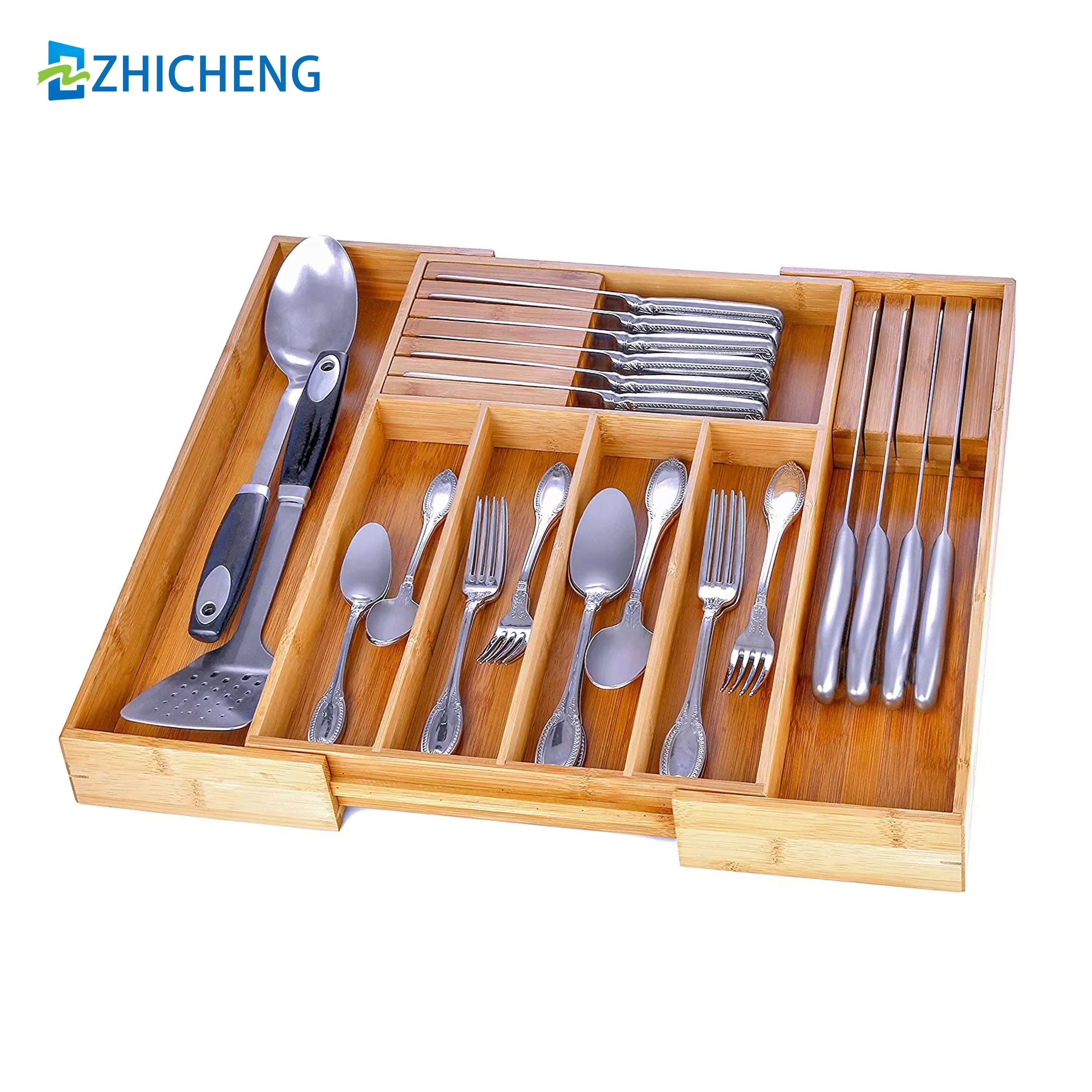 Expandable Bamboo Wood Kitchen Drawer Organizer with Removable Knife Block Eco-Friendly Food Grade Storage for Cutlery & Tools
