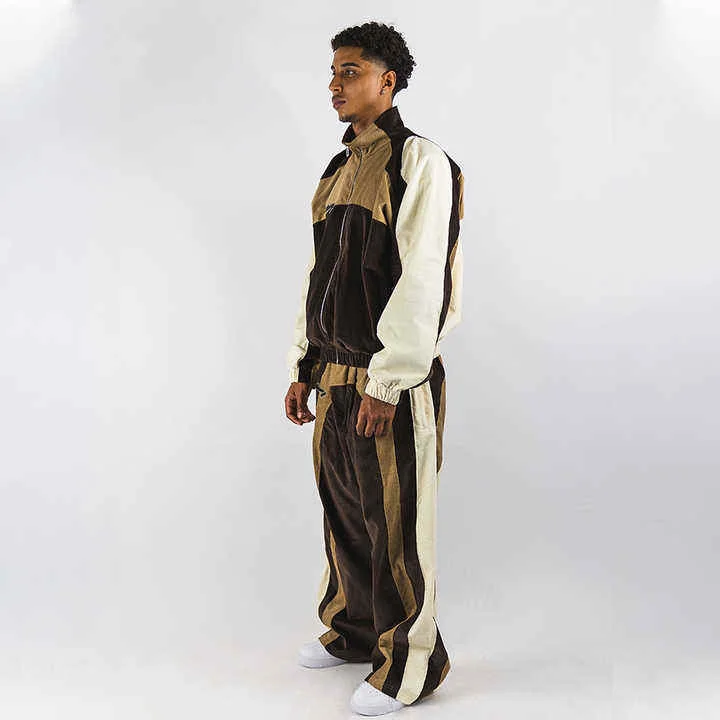 Salati Fashion Custom Men Oversized Pullover Splicing Color Cotton Tracksuits Wholesale Spring Autumn Washed Jacket & Pants Set gallery 4