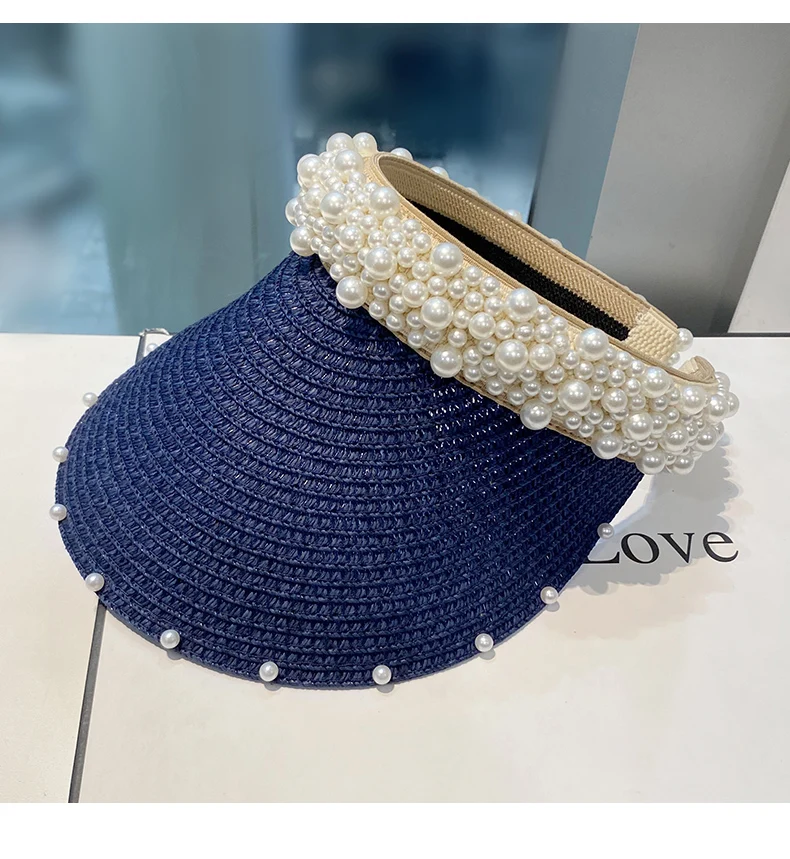 Custom Fashion Pearl Straw Hat Women's Summer Travel Vacation Empty Top Cap Sunscreen Sunshade Sun Visor Hat