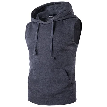 2022 Spring Gray Black Solid Color Men Fitness Polyester Sleeveless Hoodies Slim Fit