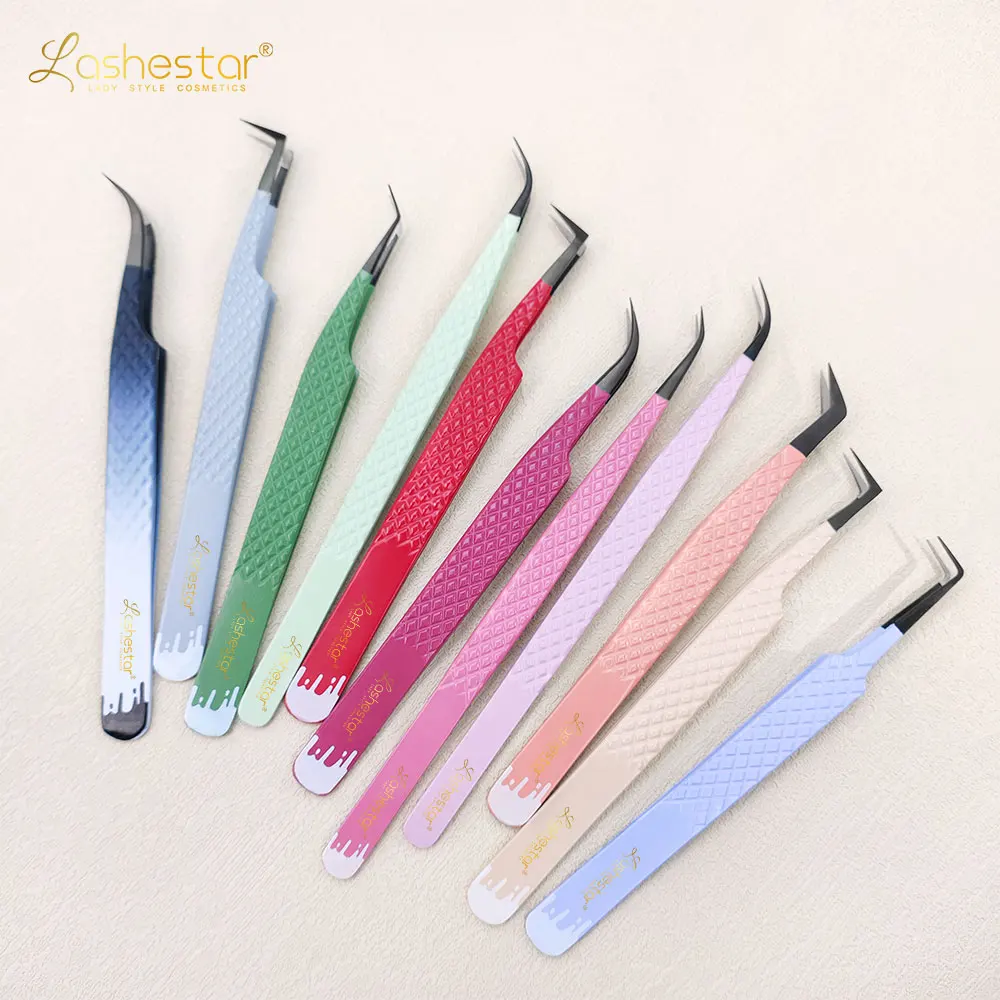 Colourful Grip Eyelash Tweezers Custom Box Packing Private Label Fiber Tip Volume Lash Extension Tweezers Set