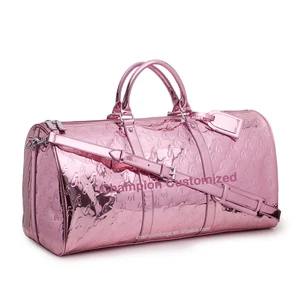 Custom Monogram Embossed Logo Rose Gold Metallic Leather Ladies Travel Weekender Overnight Duffle Bag for Women