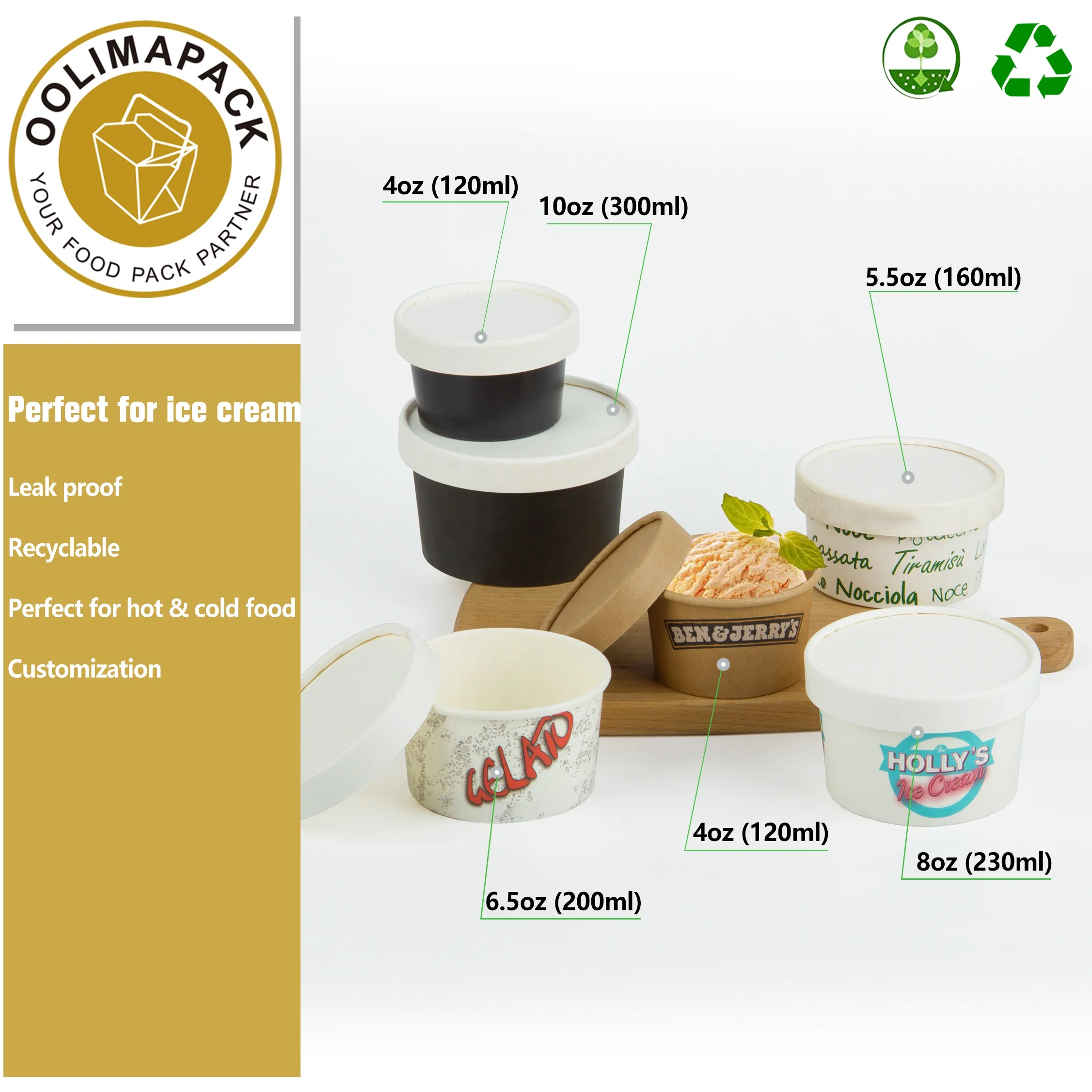 Eco-friendly Biodegradable Ice Cream Paper Tub with Lid, Paper Dessert Cups, Paper Ice Cream Yogurt Salad Tubs
