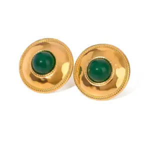 18K Gold Plated Retro Ins Style Stainless Steel Stud Earrings with Green Agate Gemstone Women's Trendy Jewelry