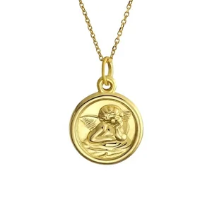 Custom Manufacturer Jewelry Round Disc Guardian Angel 14k Real Gold Charm Pendant