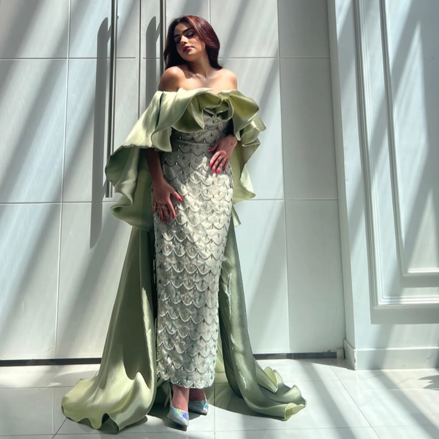Sharon Said SS383 Saudi Arabia Sage Green Luxury Dubai Evening Dresses  Lilac Beaded Women Wedding Party Dress