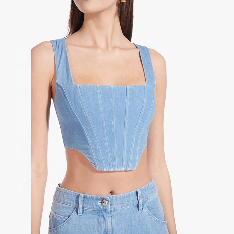 Buy Sleeveless Corset Style Cotton Crop Top with Boning Detail