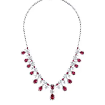 New Fine Jewelry Rhodium Plated Luxury 925 Sterling Silver 5A Cubic Zirconia Simulated Diamond Ruby High-end Necklace