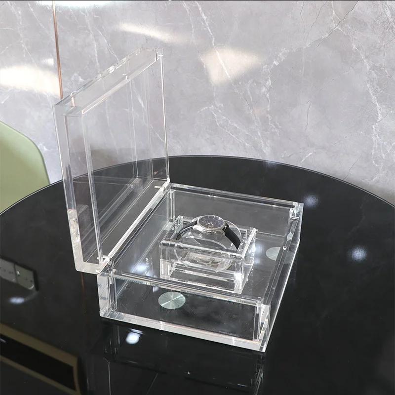 Custom Luxury Polish Transparent Acrylic Watch Display Box Premium Square Hinge Mens Watch Storage Holder Boxes & Cases with Lid