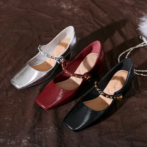 Women's French Retro 332-56 Sheepskin Thick Heel Mary Jane Shoes Small Leather with Soft Chain in Silver Joker for Autumn