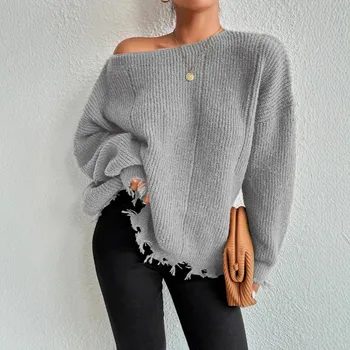 2025 Autumn Fashion Jumper Tops Women's Solid Color Knitted Tassel Pullover Drop Shoulder Boat Neck Sweater
