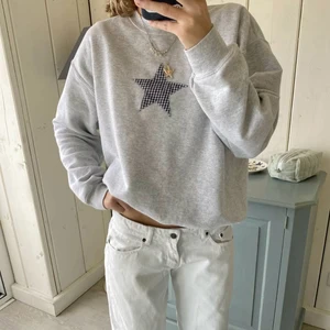 Women's High Quality Embroidered Checked Star Patchwork Jumper Grey Solid Color Oversized Crew Neck Sweatshirt Wholesale Winter