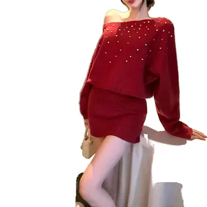 Customize Sexy Lady Bodycon Woolen Plain Dyed Simple Luxury Boat Neck off Shoulder Long Sleeve Floor-Length Sweater Dress