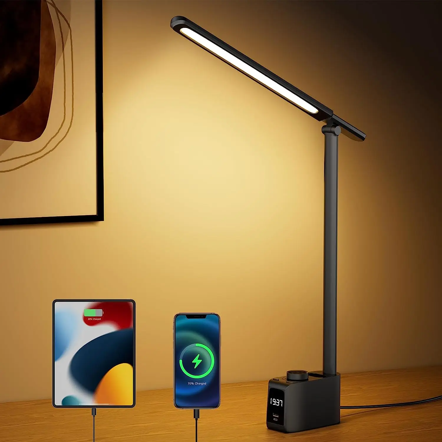 LED desk lamp with usb charging port and clock dimmable folding small black desktop reading light